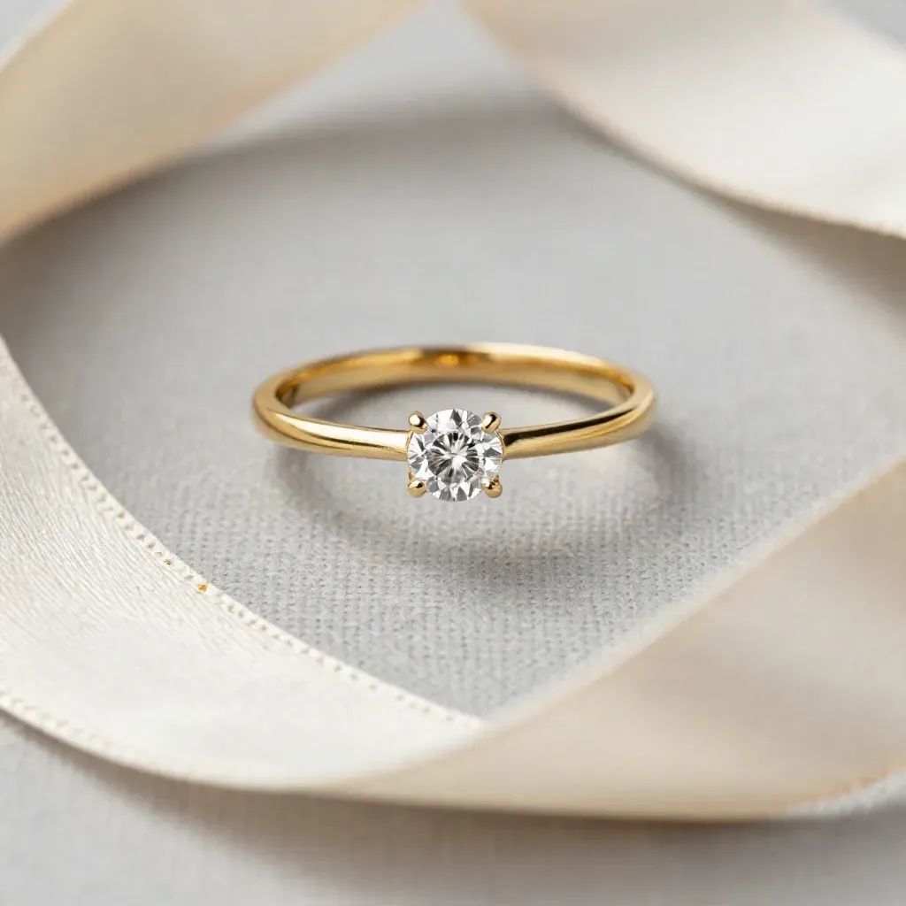 Gold diamond ring hovering on pale linen with silk, glowing in soft studio light.