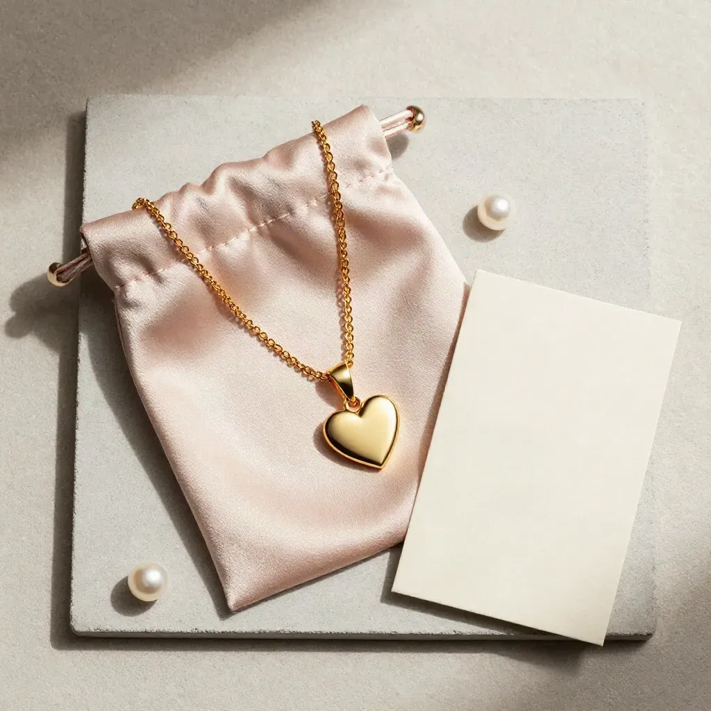 Heart pendant necklace with chain, blush pouch, pearl and ivory card on pale concrete.