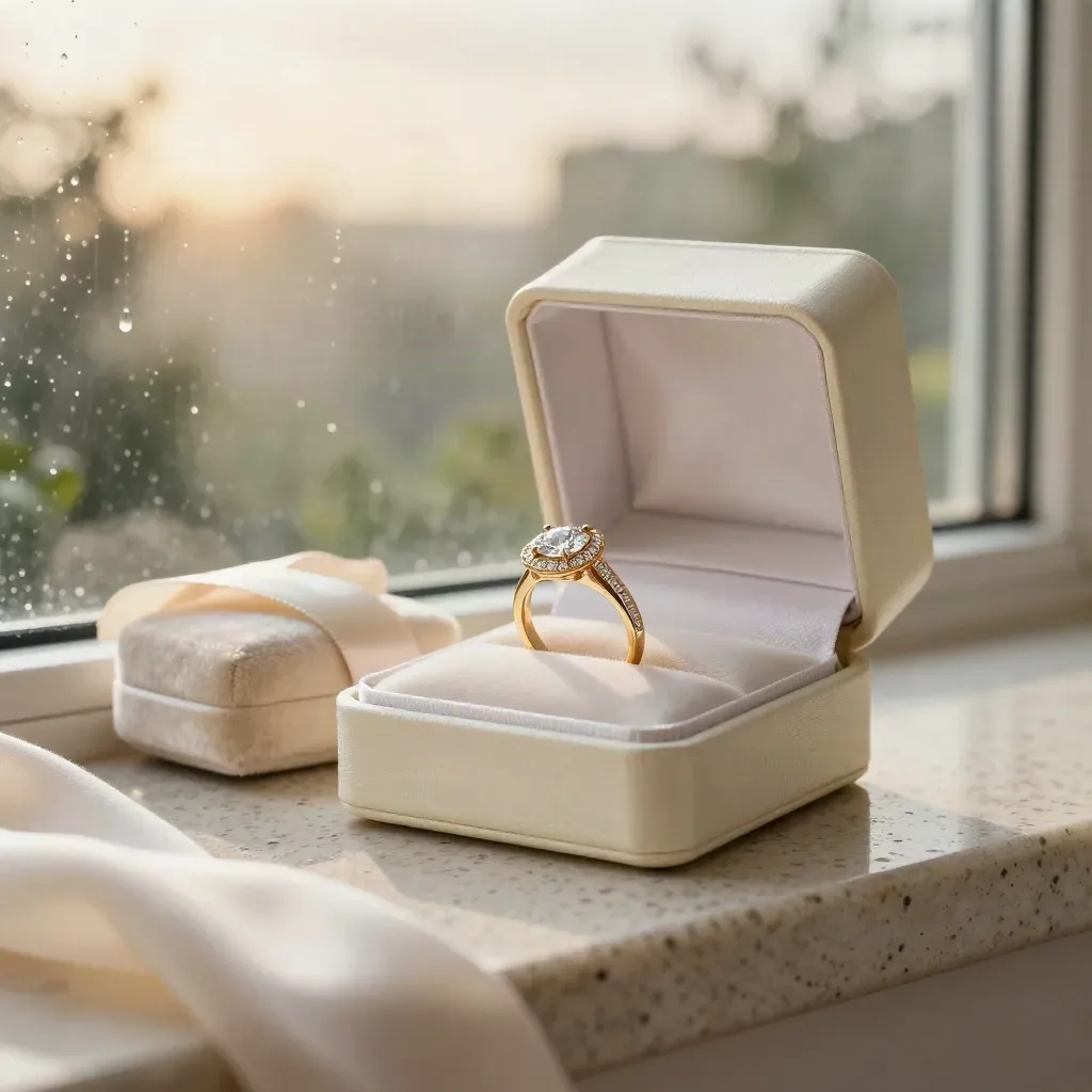 Gold diamond halo ring in ivory box with silk ribbon on travertine by rainlit window