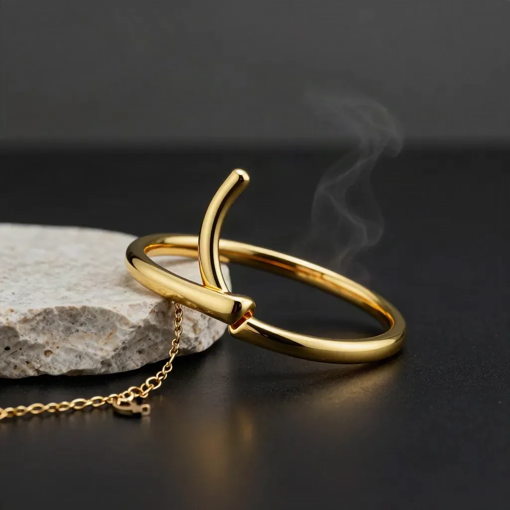 Open gold bangle beside stone plinth and chain on a dark studio surface, lit with cool rim light.