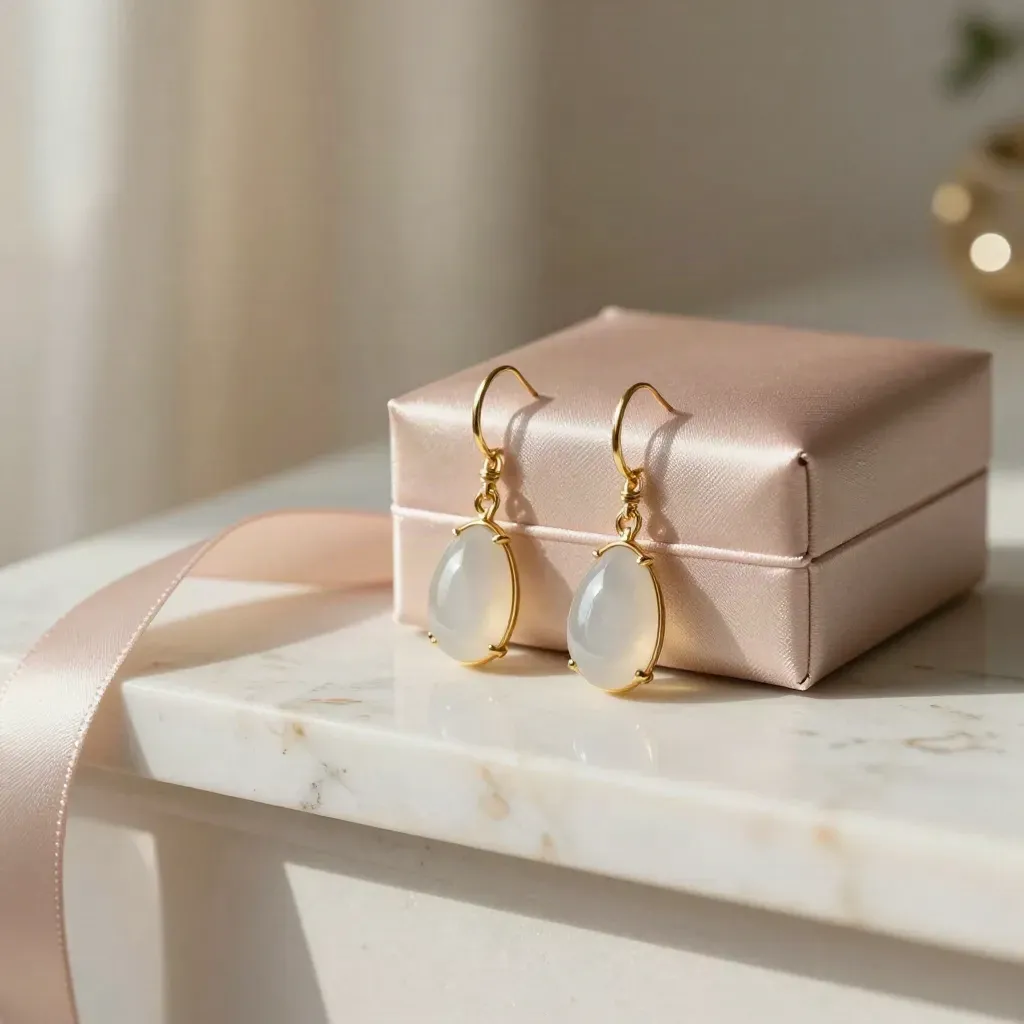 Birthstone drop earrings beside a satin box on a marble ledge in soft window light.
