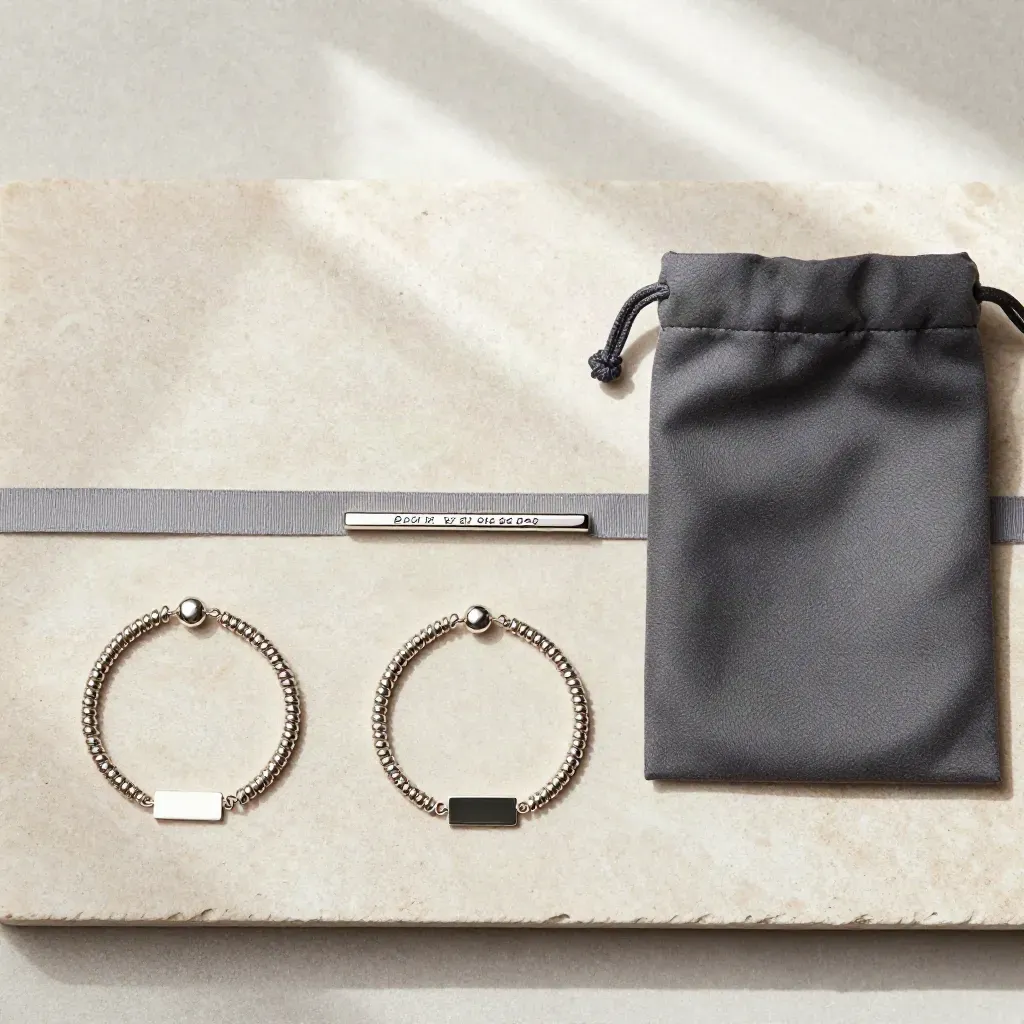 Top-down flatlay of an engraved bar bracelet with chain and gift pouch on pale stone.