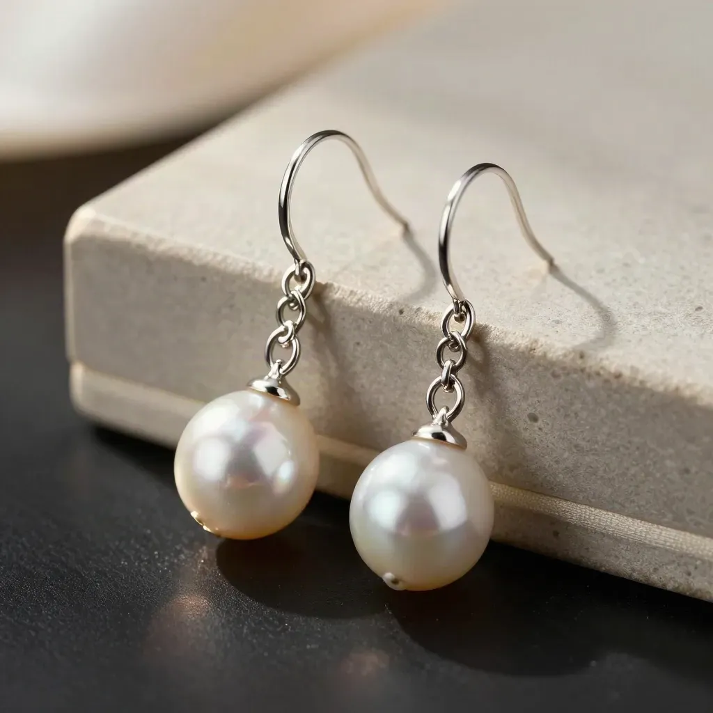Pearl drop earrings and a loose pearl on stone with silk, lit in a dark dramatic studio