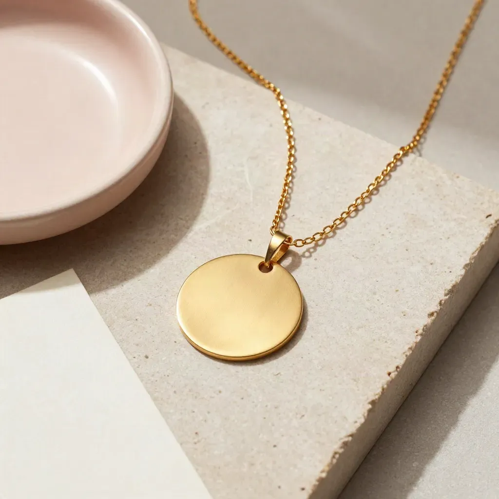 Overhead flatlay of a gold disc pendant necklace beside a blush ring dish on pale stone.