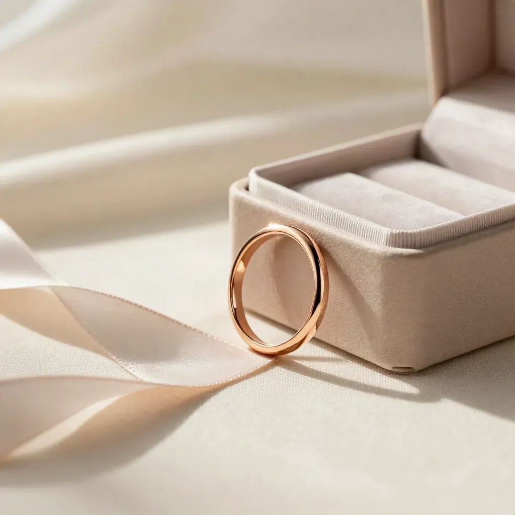 Rose gold promise ring, ribbon and gift box on ivory linen with soft blush light.