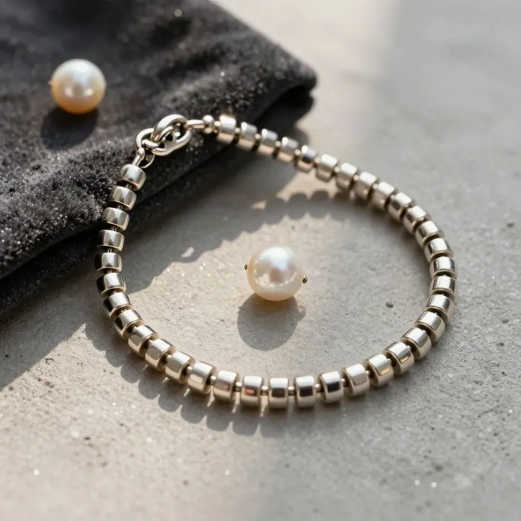 Silver charm bracelet beside a velvet pouch and pearl on cool grey concrete