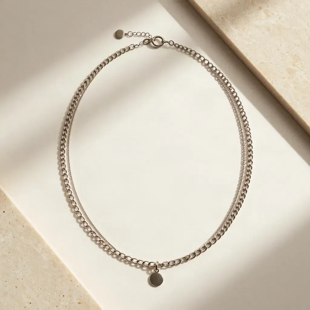 Overhead flatlay of a layered chain necklace with a tiny charm on an ivory plinth.