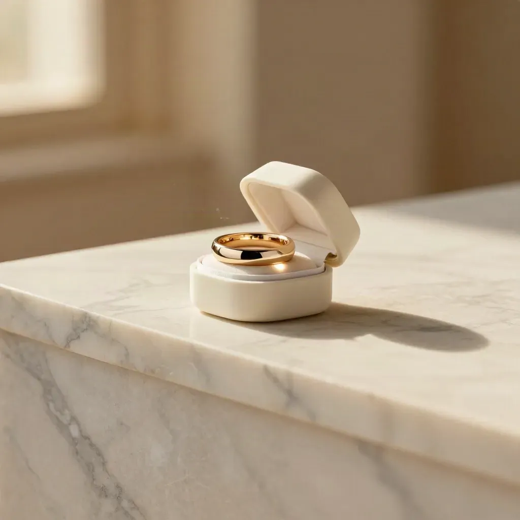 Sunlit marble ledge with a ring box, polished band, and calm copy space