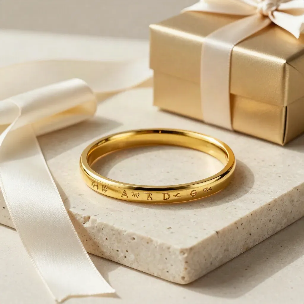 Gold engraved cuff bangle, ribbon, stone tray and gift box corner on travertine.