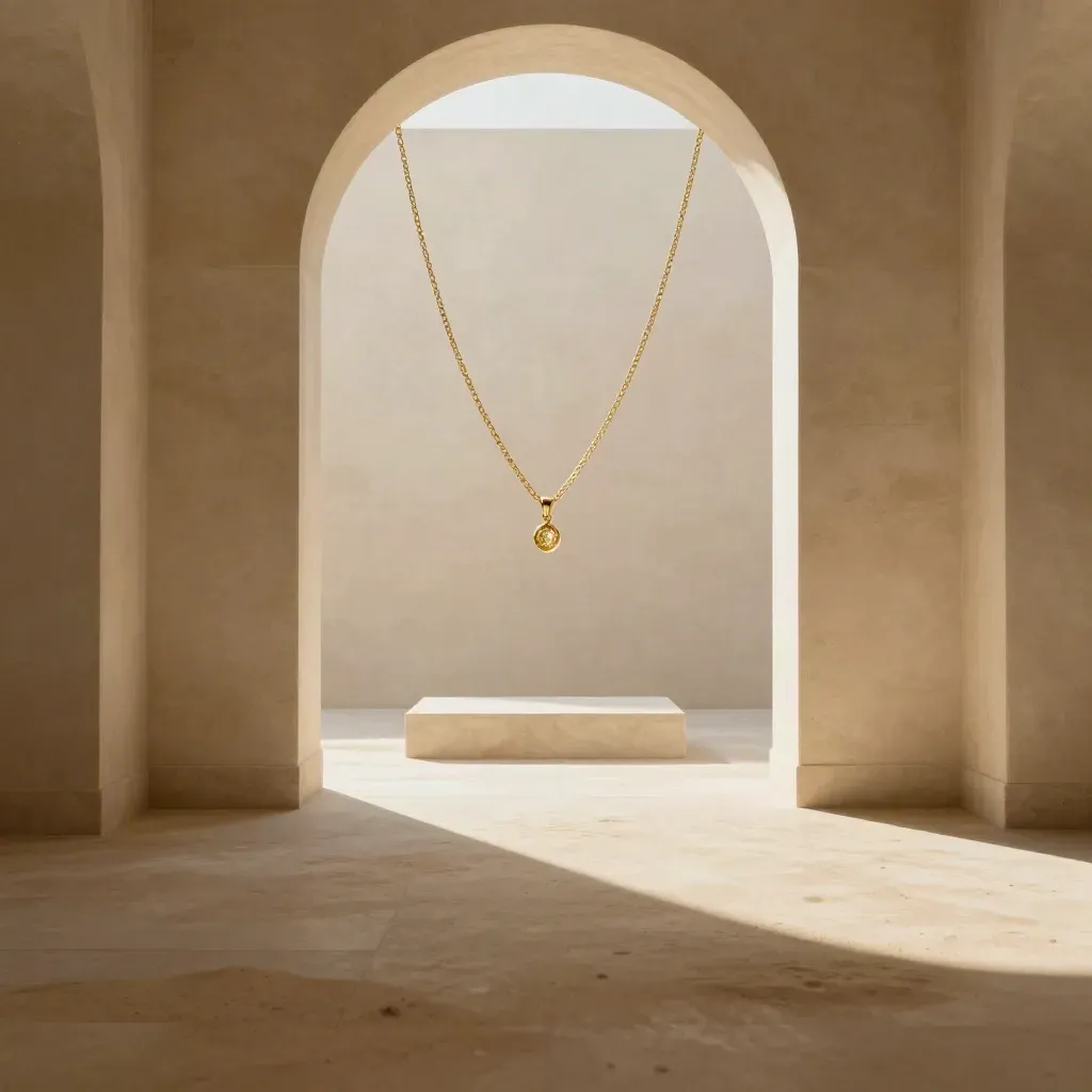 Sunlit limestone alcove with a gold necklace chain on a pedestal and calm copy space